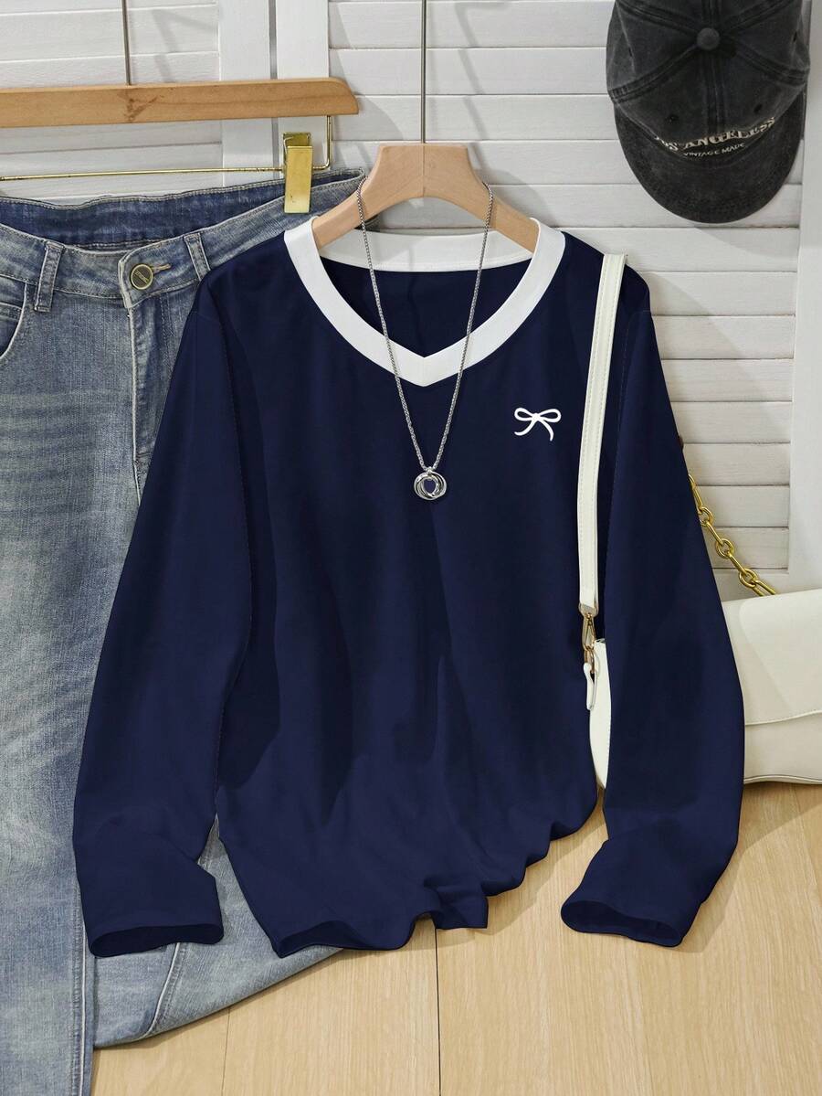 Girls' Casual Minimalist Bow Print Contrast Color Long Sleeve T-Shirt Fall Winter