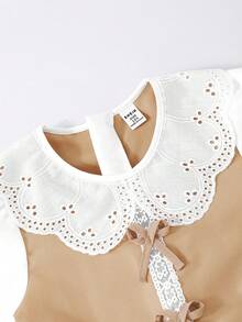 SHEIN Rochie elegantă și casual pentru fete, cu guler din dantelă, fundă decorativă și panouri în culori contrastante, potrivită pentru sezonul școlar de primăvară/toamnă - Kaki - Vizualizare 5