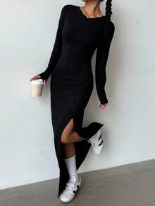 SHEIN 少女黑色针织开衩连衣裙，时尚百搭，适合日常穿着 - 黑色 - 查看 4