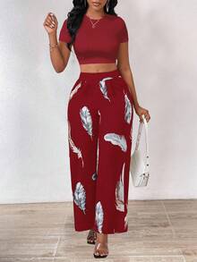INAWLY 2pcs/Set Women Solid Color Round Neck Crop Top & Feather Print Pants Casual Outfit - Burgundy - View 3