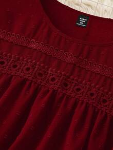 SHEIN LUNE Plus Size Summer Casual Solid Color Patchwork Lace Short Sleeve Shirt - Burgundy - View 5