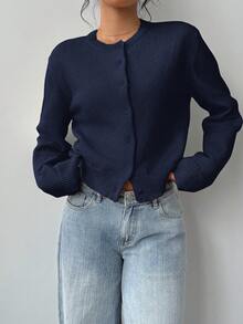 SHEIN BASICS Casual Solid Color Round Neck Long Sleeve Loose Cropped Women Sweater Cardigan In Fall/Winter - Navy Blue - View 4