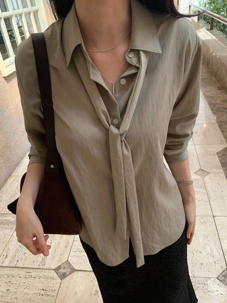 Stylish Collar Tie Shirt For Women, New Arrival, Thin Cardigan Shirt Long Sleeve Top