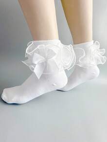 ROMWE Kawaii 女士荷叶边蝴蝶结装饰中筒袜 - 白色 - 查看 2