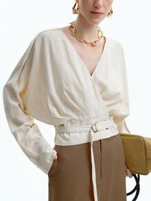 SHEIN Stylify 女士亚麻优雅办公室通勤度假休闲 V 领落肩袖衬衫，配有可调节腰带，长袖衬衫 - 杏色 - 查看 3