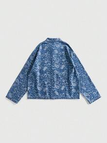 ROMWE MEN Street Life 男士休闲牛仔夹克，佩斯利印花，单排扣，长袖，秋季 - 藍色 - 查看 2