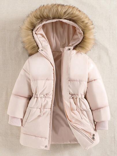 SHEIN Explorewe 1pc Young Girl Fashion Pink Hooded Fluffy Collar Cotton Padded Jacket, Soft & Comfortable Material, Suitable For Autumn/Winter, Outdoor, School, 2025 Back To School Season, Collegiate Style & Campus Sportswear, Popular Girls' Mid-Length Cotton Coat Toddler Girl Winter Coats Girls Winter Coats Girls Puffer Jacket Toddler Girl Puffer Coat Girls Hooded Winter Coat Fall