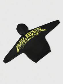 ROMWE MEN Street Life Men's Retro Numeric & Letter Print Hooded Sweatshirt, Fall - Black - View 2