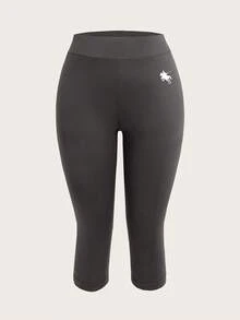 SHEIN EZwear 2条装女士黑灰马刺绣图案七分紧身休闲打底裤，适合夏季、搭配、骑行、运动、瑜伽、街头服饰。 - 彩色 - 查看 3