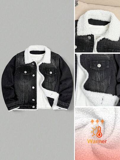 Kurtka chłopięca w kolorze czarnym, dżinsowym, patchworkowym, z kołnierzem z białego polaru, z długim rękawem i krótkim rękawem