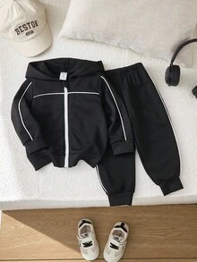 SHEIN 2件組 幼童男童連帽衛衣與長褲套裝 黑白對比拉鍊條紋連帽衫休閒秋季城市度假日常穿搭 - 黑色 - 查看 1