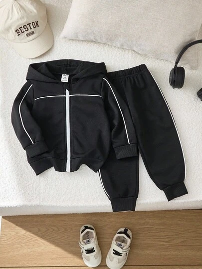 SHEIN 2pcs/Set Toddler Boys' Hooded Sweatshirt And Pants Set, Autumn/Winter New, Long Sleeve Hoodie With Contrast Color Zipper And Striped Pants, Comfortable Casual Outfit For Daily Wear, Family/Sibling Matching Fall