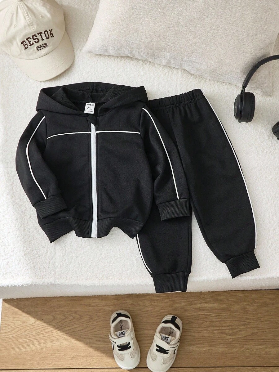 SHEIN 2件組 幼童男童連帽衛衣與長褲套裝 黑白對比拉鍊條紋連帽衫休閒秋季城市度假日常穿搭 - 黑色 - 查看 1