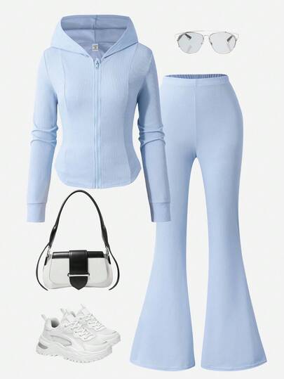 Teen GirlCasual Hooded Zip-Up Cardigan And Flared Leg Fitted Pants Set, Light Blue Fall Winter