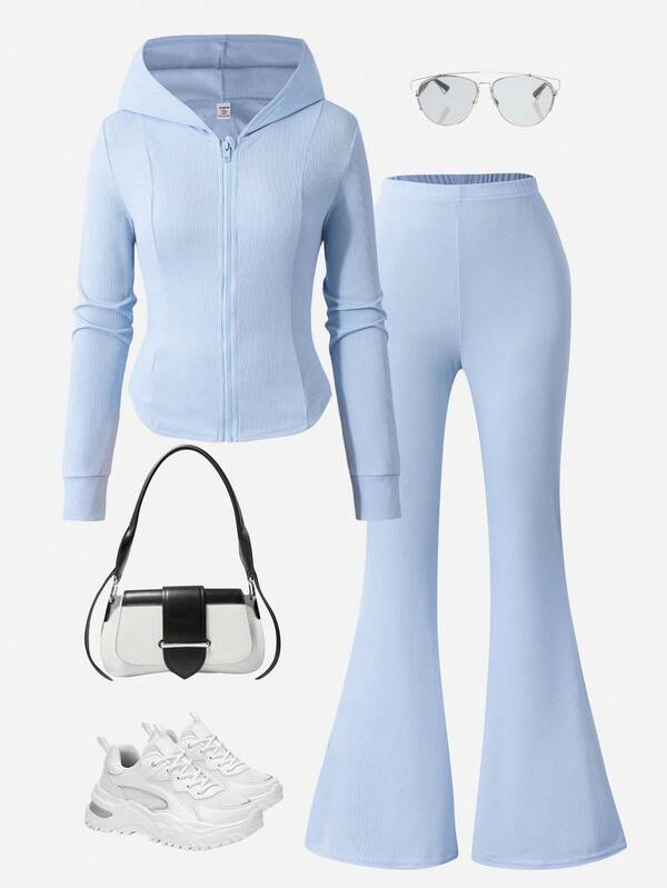 Teen GirlCasual Hooded Zip-Up Cardigan And Flared Leg Fitted Pants Set, Light Blue Fall Winter