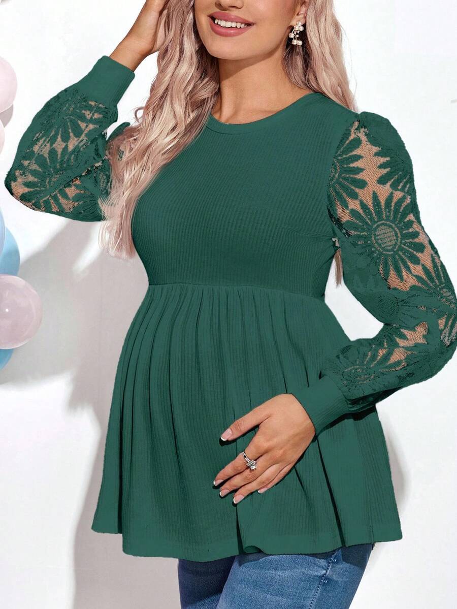 Loomaby Maternity Green Sheer Long Sleeve Round Neck T-Shirt Green Maternity Top Maternity Top Green Top Green Lace Maternity Top Lace Maternity Top
