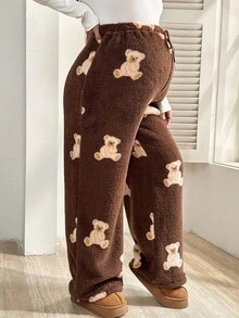 SHEIN Pregnant Women's Cute Teddy Bear Pattern Drawstring Pants For Home Winter Clothes For Women Brown Pants Graphic Pants Thermal Lined And Warm - Mocha Brown - View 6