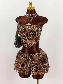 Y2K Amplova Women Super Wild Leopard Print Tube Top Ruffled Sleeveless Top And Pleated Ruffled Mini Skirt Two-Piece Set ,Versatile And Suitable For Parties And Daily Wear Cheetah Set Leopard Print Two Piece Set Animal Print Two Piece Set Cheetah Print Two Piece Set Leopard Set - Multicolor - View 4