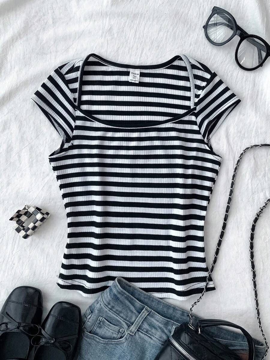 少女春夏情人节、居家服、清纯女孩、美式BM风、Y2K、黑白条纹针织U领短袖T恤 - 黑與白 - 查看 1