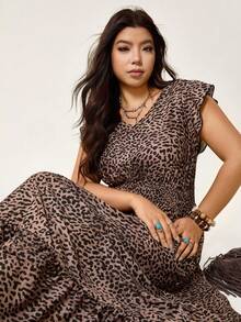 SHEIN LUNE Plus Size Beach Outfits For Woman Leopard Print Long Vacation Casual Fourth Of July Dress Boho Summer Boho Old Money Summer Outfits For Women Rainbow Spring Break Rave Outfits Festival Spring Break Outfits - Multicolor - View 5