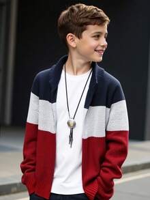 SHEIN Tween Boy 基本款休闲宽松前开撞色针织开衫，适合通勤、上学、日常休闲、运动、春夏秋冬 - 寶藍色 - 查看 2