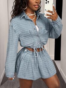 Slaydiva 牛仔百褶裙冬装蓝色牛仔提花裙万圣节服装新年装女式裙子Y2K裙子派对约会 - 淺色水洗藍 - 查看 1