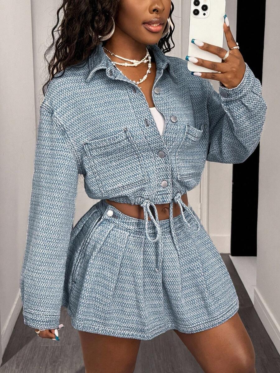 Slaydiva 牛仔百褶裙冬装蓝色牛仔提花裙万圣节服装新年装女式裙子Y2K裙子派对约会 - 淺色水洗藍 - 查看 1