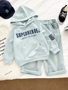 Genkimix Kids Ensemble de 2 pièces pour la rentrée scolaire pour garçons de 4 à 7 ans : Top imprimé de lettres et jean en denim - Bleu azur - Voir 3