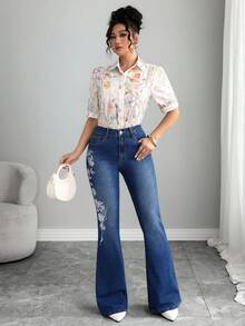 Elenzga Jeans évasés avec broderie florale - Bleu azur - Voir 7