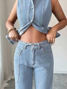 Selianne 女式休闲前扣腰牛仔上衣和牛仔裤套装，夏季 - 淺色水洗藍 - 查看 4