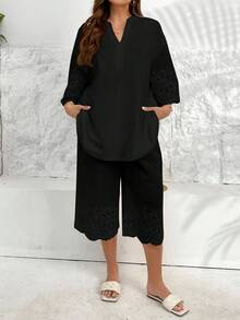 SHEIN Essnce Plus-Size Women's Elegant Black Embroidered Two Pieces Set,Summer Vacation Boho Outfits,Capris Short Sets For Women,Vacation Two Pieces Set Clothing - Black - View 5