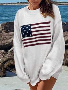 SHEIN Tall Áo len chui đầu phong cách đường phố rộng rãi thoải mái họa tiết cờ châu Âu và Mỹ mới cho nữ - Màu be - Xem 4