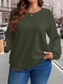 EMERY ROSE Plus Size Casual Solid Color Preppy Style Solid Color Raglan Sleeve Sweatshirt, Autumn And Winter Graduation Ceremony, Back To School Clothing Fall - Army Green - View 1