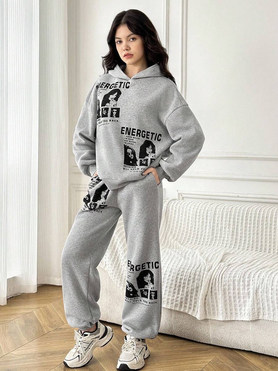 SHEIN 2 件套青少年女孩厚羊毛宽松休闲街头风格肖像和标语印花连帽衫和宽松抽绳裤，适合秋冬季居家、上学、外出，灰色 - 淺灰色 - 查看 1