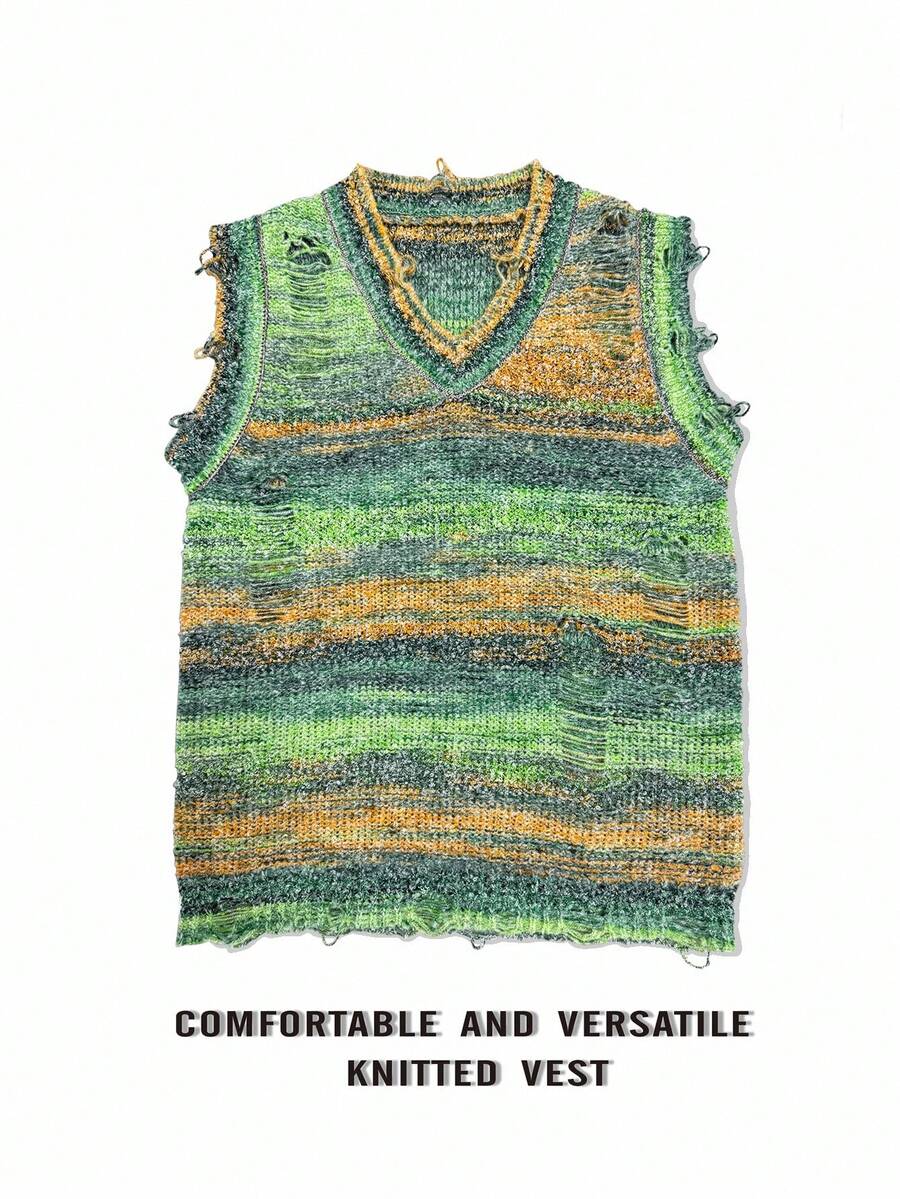 Manfinity CasualKnits 男士条纹多色针织毛衣背心,秋冬 - 綠色 - 查看 1