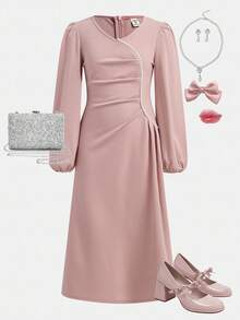 SHEIN Tween Girl Pearls Beaded Lantern Long Sleeve V-Neck Ruched Elegant Solid Pink Midi-Dress, For Autumn Winter - Pink - View 2