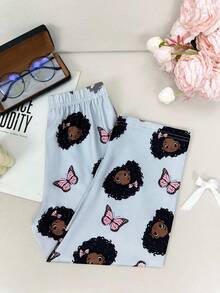Cute Girl Print Crew Neck Long Sleeve & Long Pants Pajama Set For Young Girl