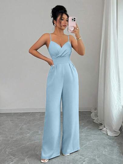 Selianne Women's Elegant Solid Color Pleated Wide Leg Jumpsuit With Adjustable Waist