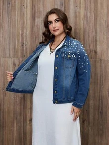 EMERY ROSE Plus Size Casual Vacation Washed Denim Jacket - Medium Wash - View 7