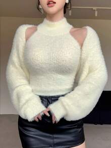 DAZY 2 件套女士毛绒高领吊带背心和开衫套装，性感修身秋冬 - 米色 - 查看 8