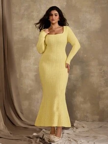 Roveilla 加大码女式针织黄色毛衣裙，优雅休闲百搭秋冬女装 - 黃色 - 查看 5