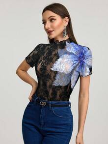 Modelyn Camiseta corta de manga corta con estampado floral casual para mujeres - Multicolor - Ver 2