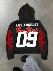 Manfinity Roghcode Manfinity Streetrush 男士字母数字 09 雕像图案印花休闲简约连帽衫，美式街头风格设计套头卫衣，纽约连帽衫，印花连帽衫街头服饰，黑色印花连帽衫，秋季长袖上衣