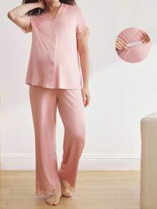 Moonlight&Mama 2件套孕妇蕾丝边家居服套装 - 藕粉色 - 查看 4