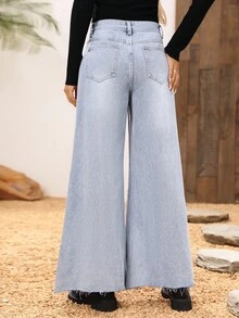SHEIN LUNE Embroidered High-Waisted Wide-Leg Jeans - Blue - View 2