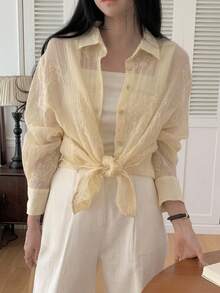 DAZY Áo cánh dài tay cổ bẻ, vải jacquard dáng rộng thoải mái cho nữ, mùa thu - Màu be - Xem 3