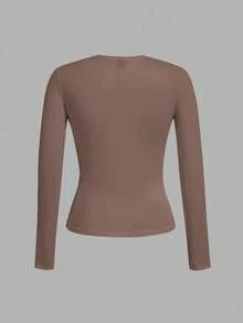 SHEIN EZwear 3件套女士黑色、棕色、白色圆领休闲修身长袖T恤套装，适合秋冬季穿着 - 彩色 - 查看 5