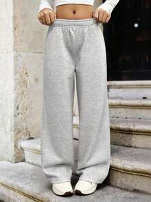 SHEIN Explorewe 青少年女孩休闲保暖内衬低腰宽松运动裤，秋冬款 - 淺灰色 - 查看 1
