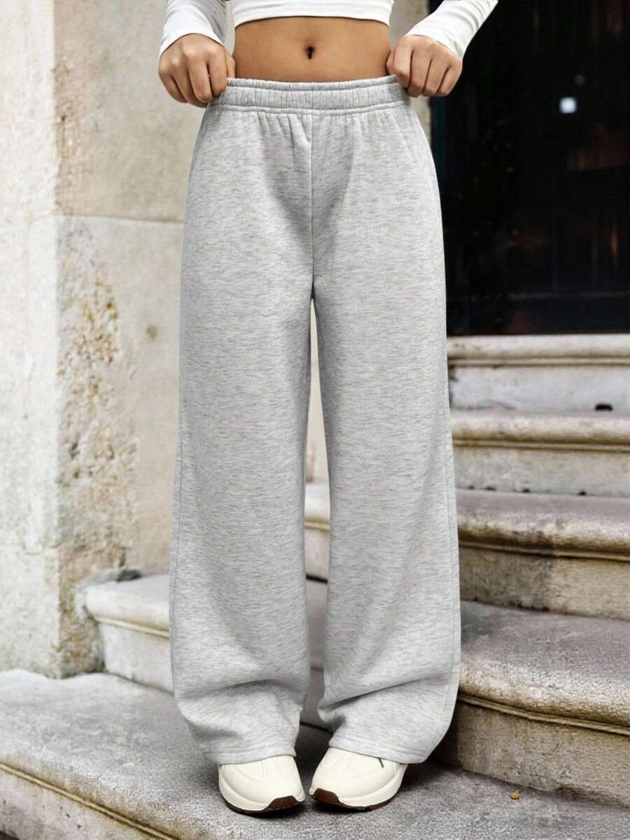 SHEIN Explorewe 青少年女孩休闲保暖内衬低腰宽松运动裤，秋冬款 - 淺灰色 - 查看 1