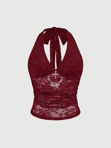 ROMWE Goth 女式哥特式十字装饰蕾丝露背连体衣 - 酒紅色 - 查看 1